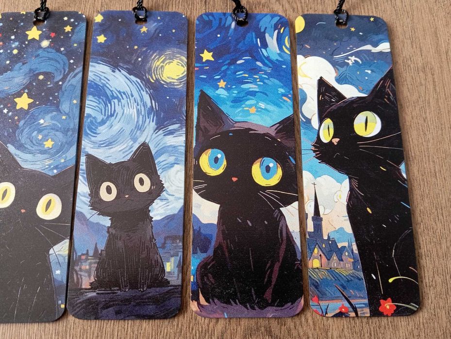 6 plastikowych zakładek do książek. Czarne koty nocą