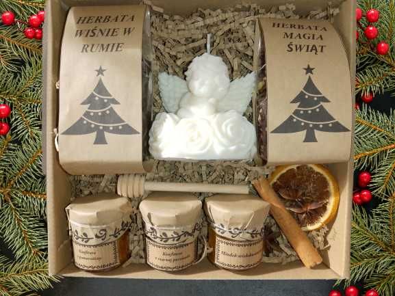 Box choinka, prezent,herbaty,miód,czerpak,świeczka sojowa anioł