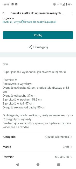 CRAFT  Damska kurtka / wiatrówka do uprawiania różnych sportów, Roz. M