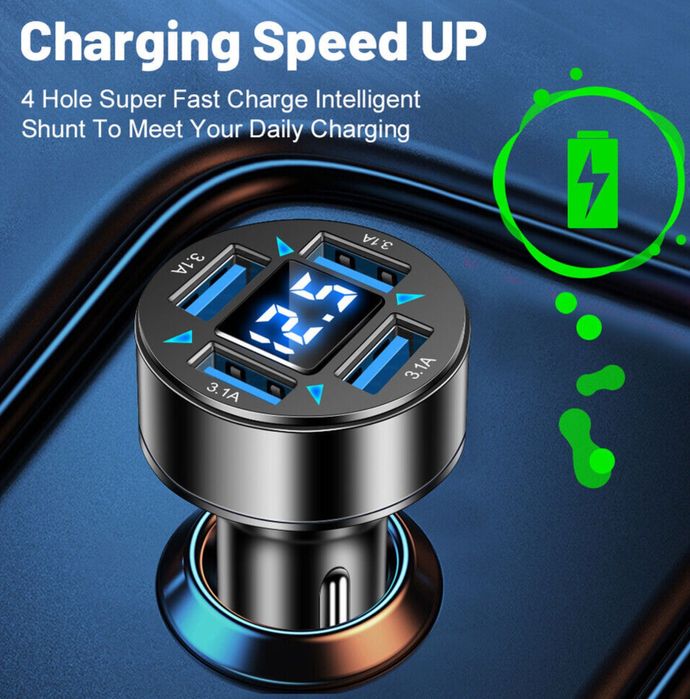 Carregador USB de isqueiro. 4 portas USB. Voltímetro