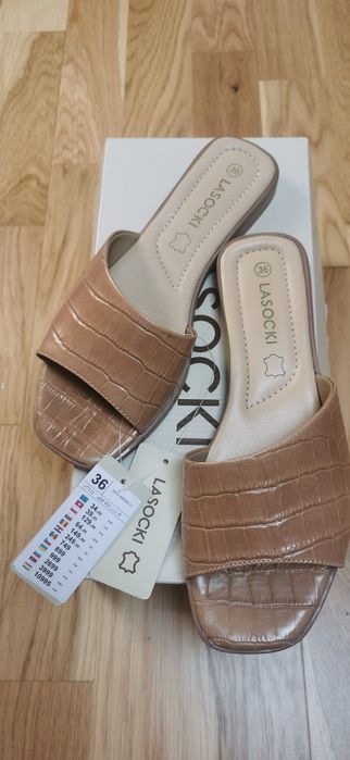 Klapki, Lasocki, skóra, 36/37,nowe, beżowe /brązowe