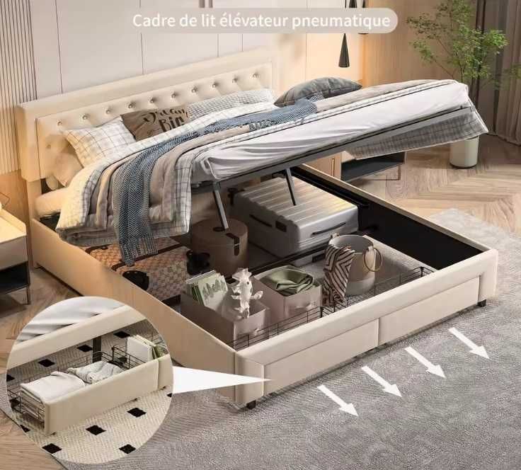 Cama nova de casal moderna c/ gavetas, hidráulica estofada 160 × 200 c