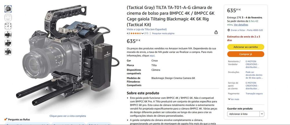 Gaiola TILTA câmara de cinema de bolso para BMPCC 4K / BMPCC 6K