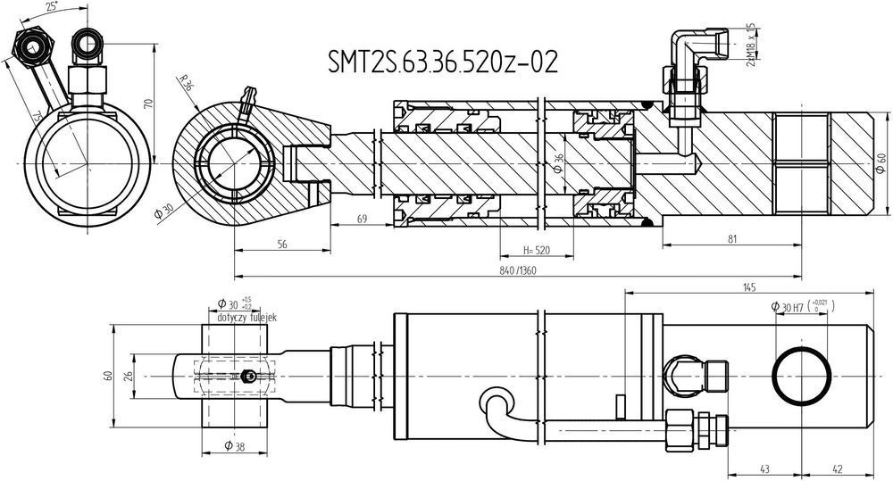 SIŁOWNIK hydrauliczny CHWYTAKA BEL 63x36 SKOK 520 [1695]