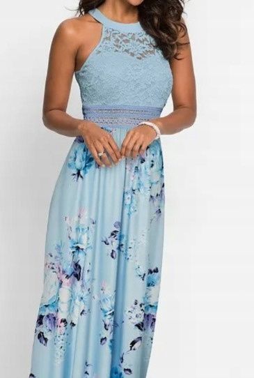 B.P.C długa sukienka w kwiaty z koronką niebieska ^48