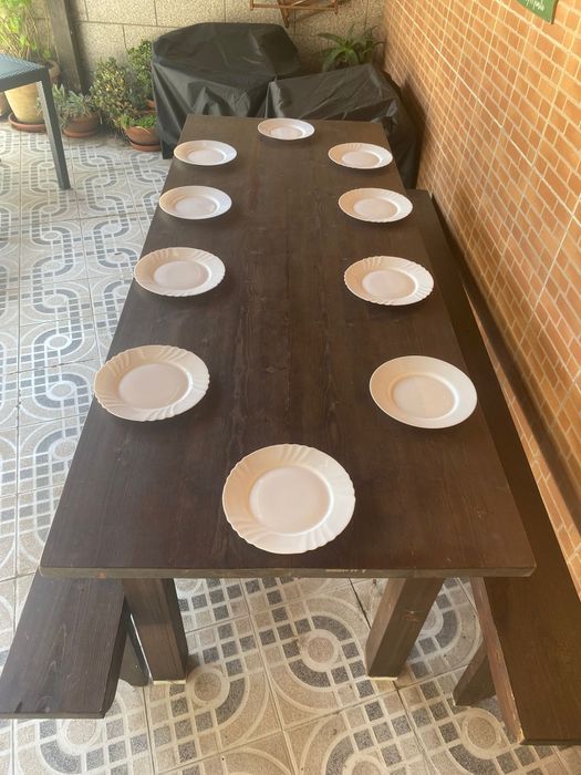 Mesa de Jardim em Madeira + 2 Bancos | 8 Pessoas+ 2 opcional  | 222 cm