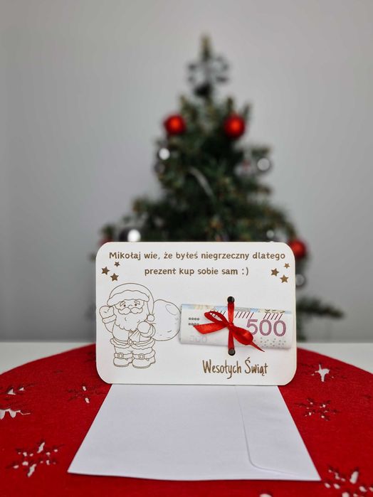 Bon podarunkowy na pieniądze świąteczny sklejka koperta wstążka