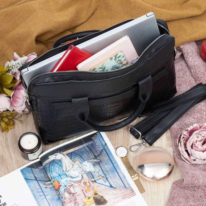 VERA PELLE torebka skórzana teczka kroko torba na laptopa V545 czarna