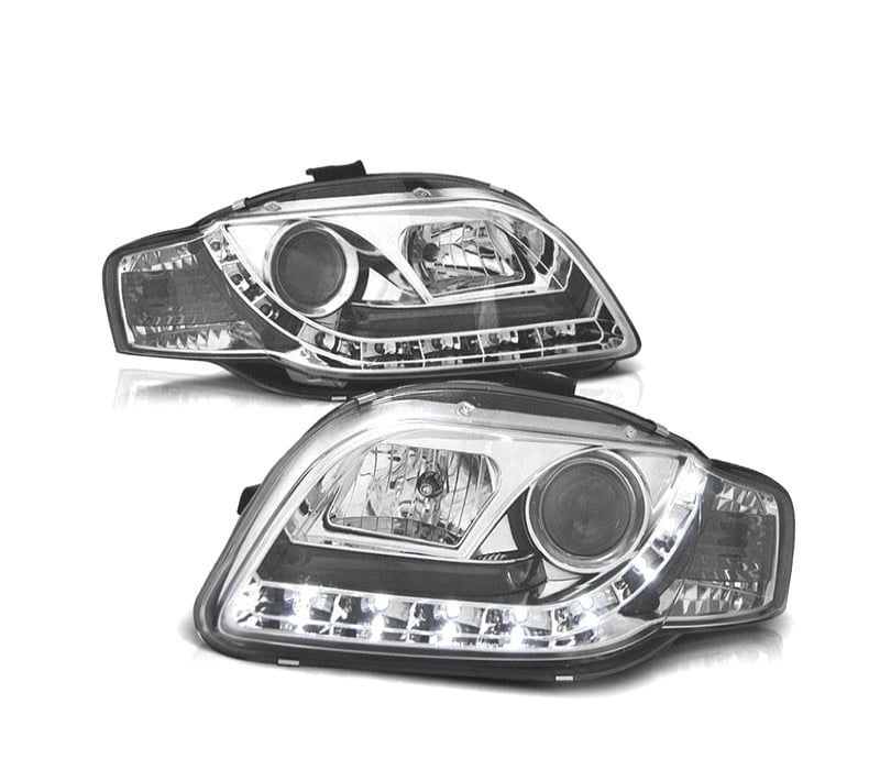 FARÓIS AUDI A4 B7 04-07 LUZ DIURNA LED REAL FUNDO CROMADO