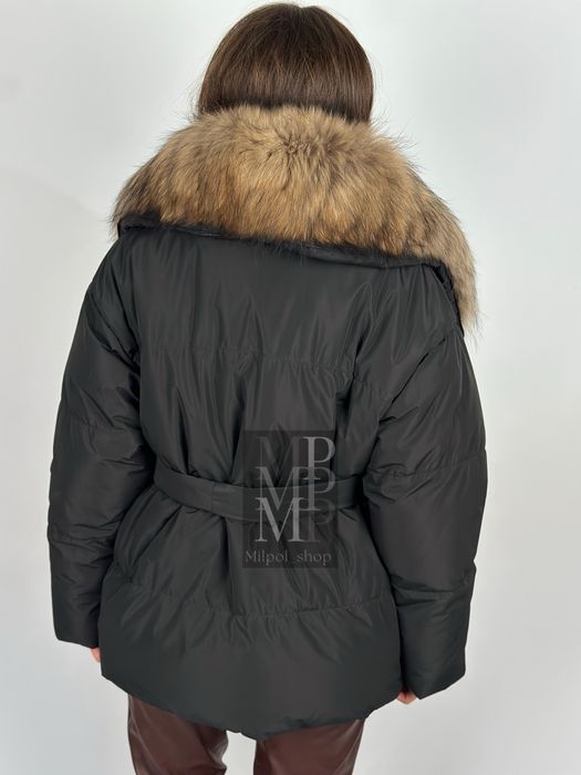 Жіночий чорний пуховик пухан з натуральним хутром єнота, 42-60 розміри