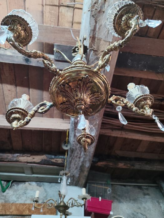 Lustre / Candeeiro de Teto Antigo em Bronze Pesado e Cristal – 5 Braços