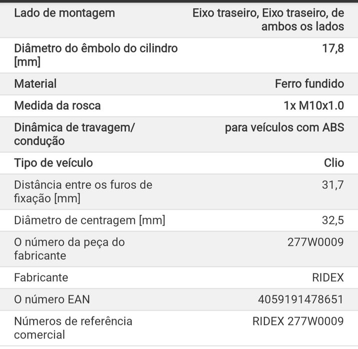 Cilindro travão da roda traseiro