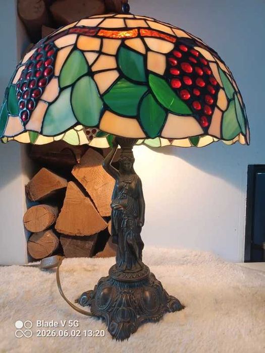 Stara lampa witrażowa kobieta winogrona sygnowana Honsel Ala Tiffany