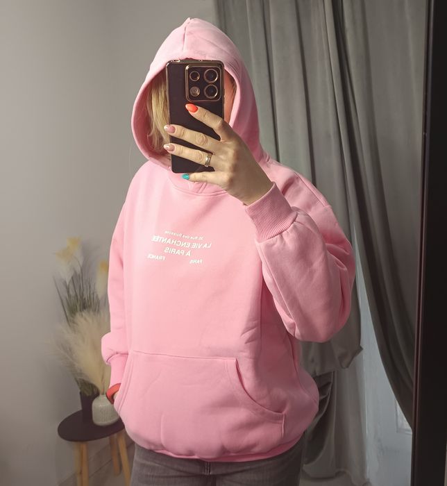 Bluza damska oversize z kapturem kieszeń kangurka pudrowy róż