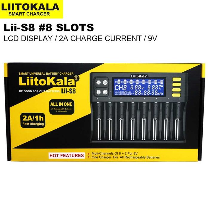 Carregador de pilhas/baterias LiitoKala LII-S8 com 8 slots  NOVO