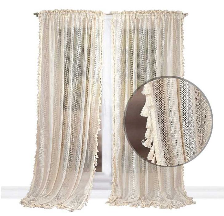 Firana BOHO RUSTYKALNA 145x250 klasyczna gotowa z frędzlami beżowa