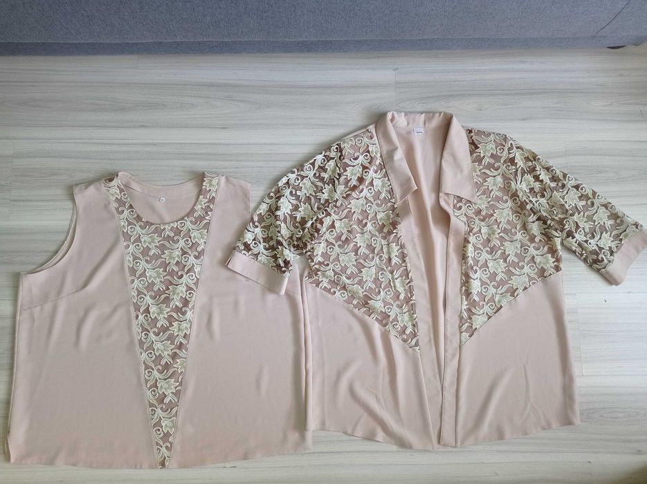 Beżowy, jasny, elegancki komplet - bluzka i narzuta, XXXL, 3XL
