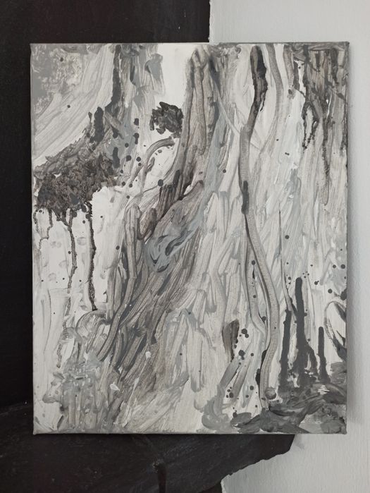 Obraz nowoczesny akryl abstrakcja szarość biel czerń 2024 24x30 cm