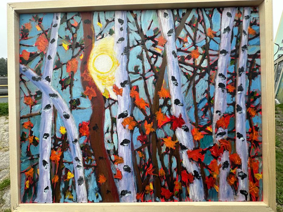 „Jesienny blask" – obraz olejny 40x50 cm, abstrakcja natury, w ramie