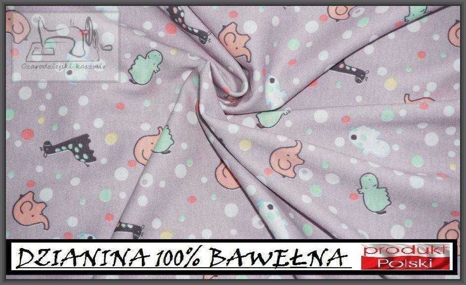 Dzianina bawełniana zwierzątka na delikatnym fiolecie - kupon 3m2m