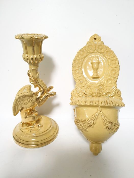Rare antique candlestick and holy water basin in yellow ceramic by A. Tschinkel