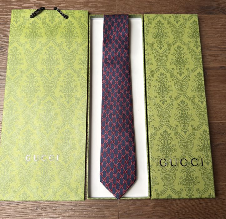 Krawat Gucci granatowo-czerwony zestaw prezentowy torba pudełko