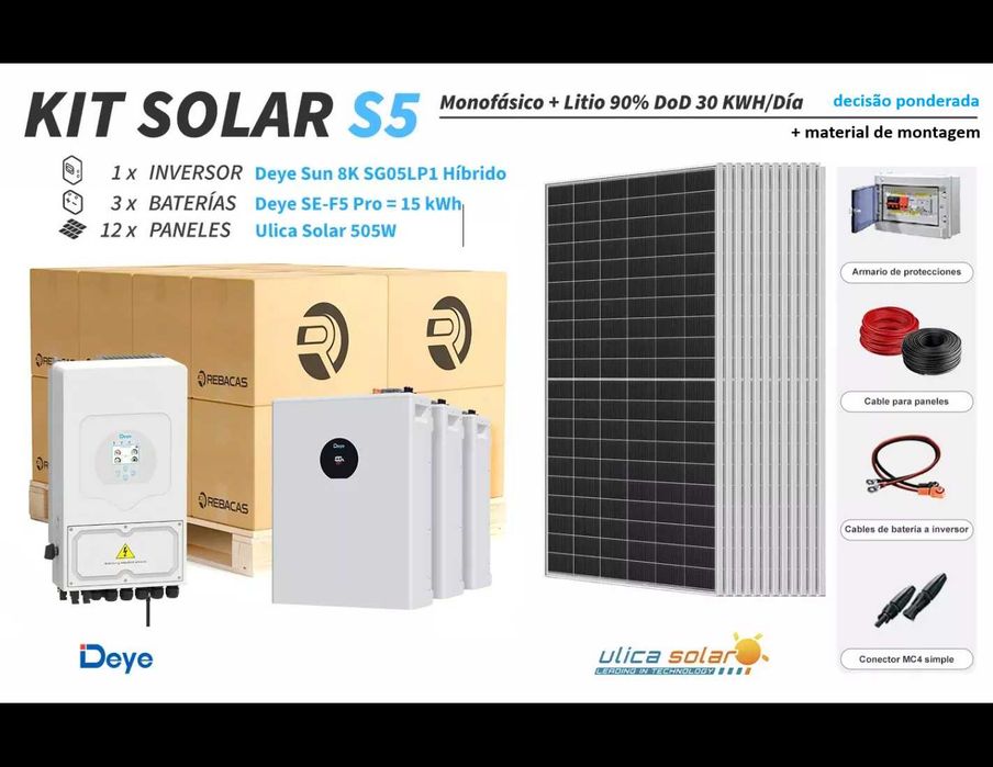 Kit de lítio Deye S5 30 kWh/dia com bateria de 15,36 kWh