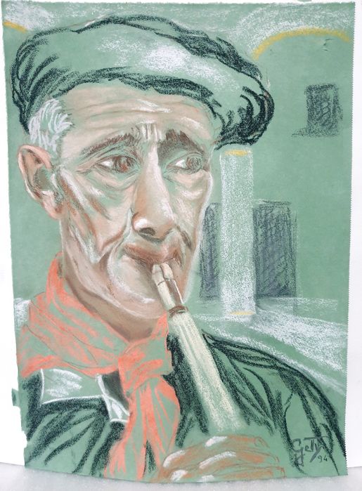 Retrato em pastel sobre papel assinado Getty '94