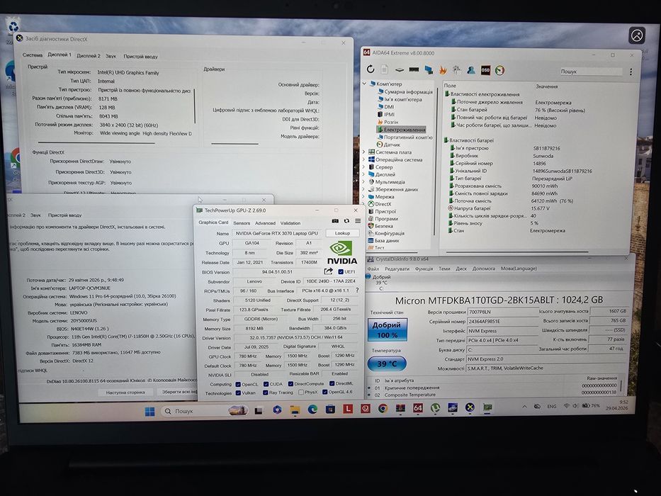 Lenovo ThinkPad X1 Ext  Gen4 Core i7-11850H RTX 3070 RAM 16Gb 1Tb IPS