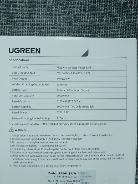 Powerbank magnetyczny 10000mAh Ugreen PB561 15W ładowanie bezprzewodowe USB
