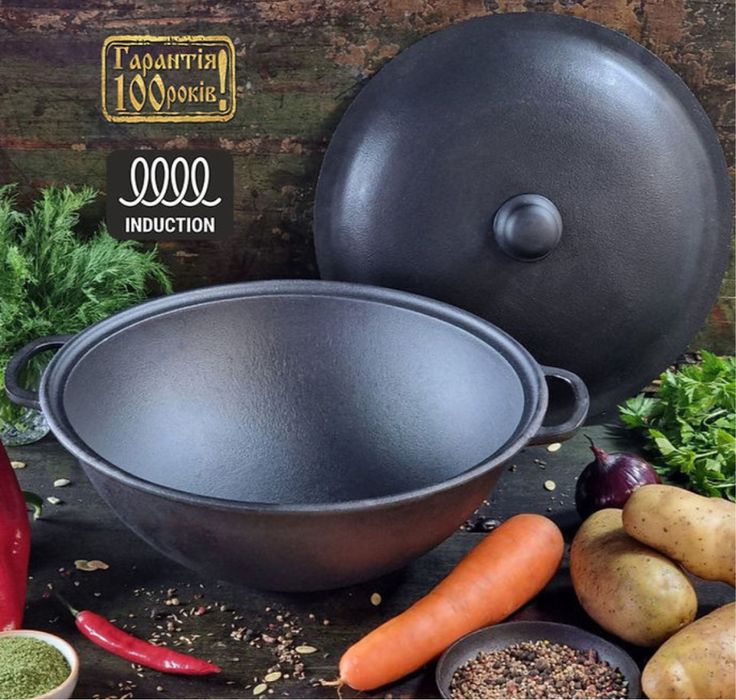 Чугунный казан с крышкой сковородой / чугунный котелок / 3-18л