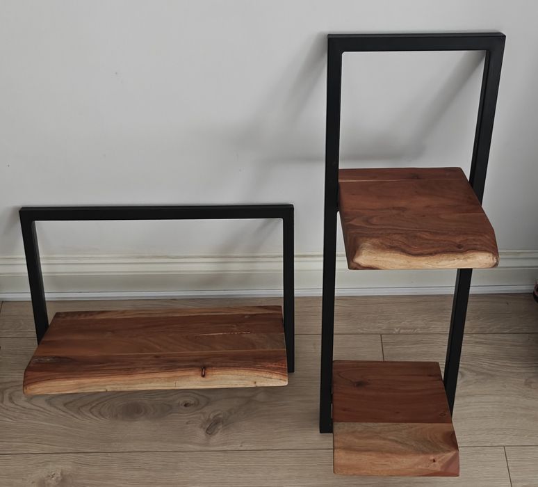 Dwie półki ścienne lite drewno, stalowe ramy, solidne