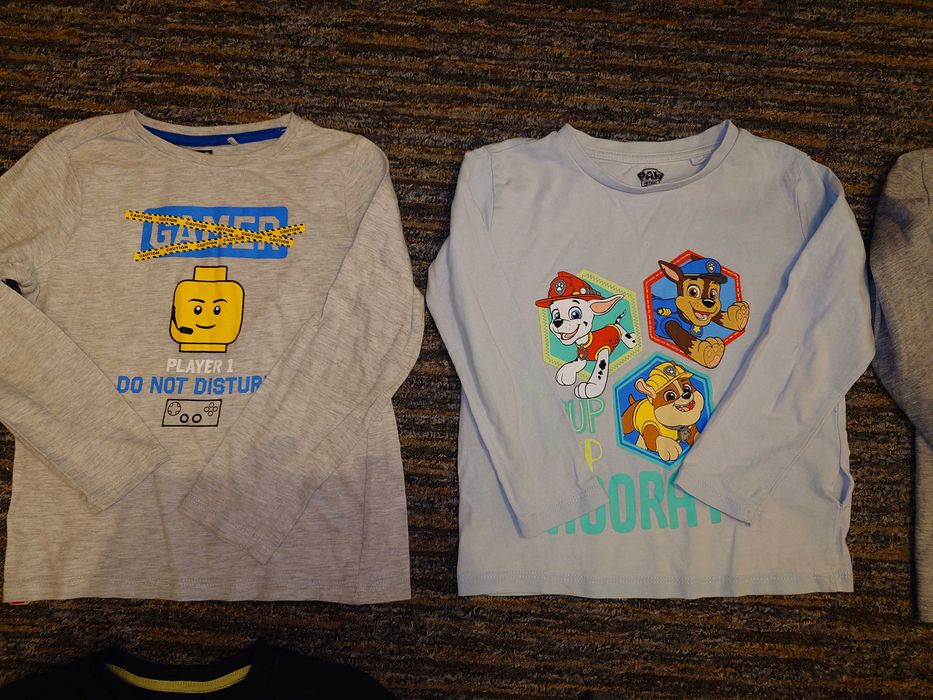 104/110: 3 x bluzka z dł. ręk., koszula, podkoszulek, krótkie spodenki