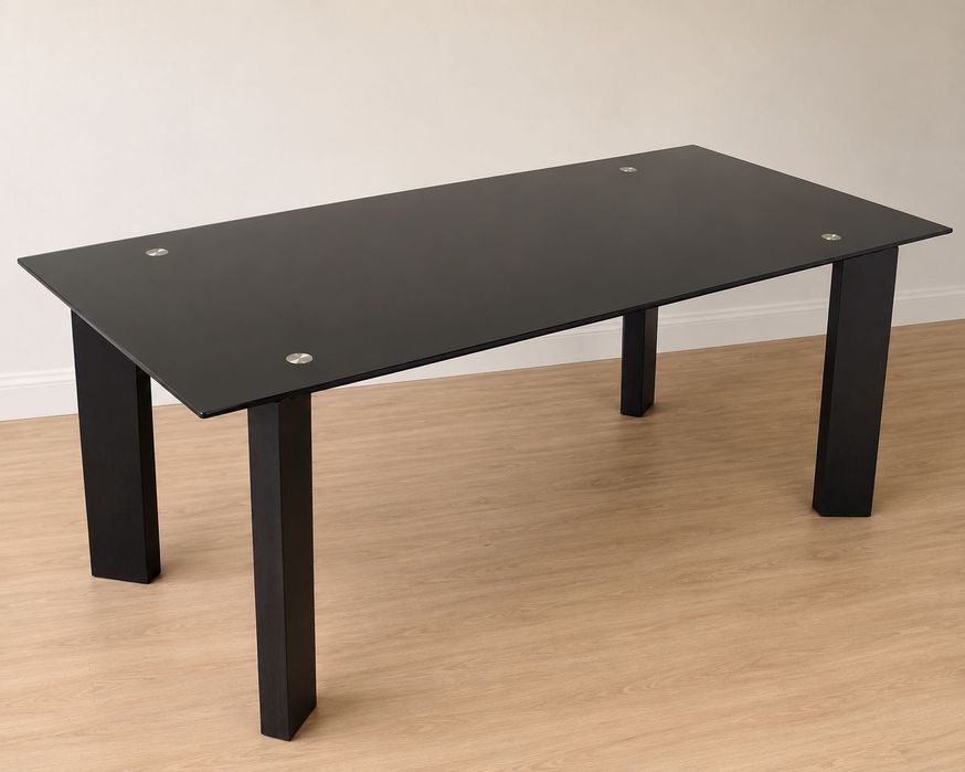 Mesa de jantar vidro temperado preto com seis cadeiras
