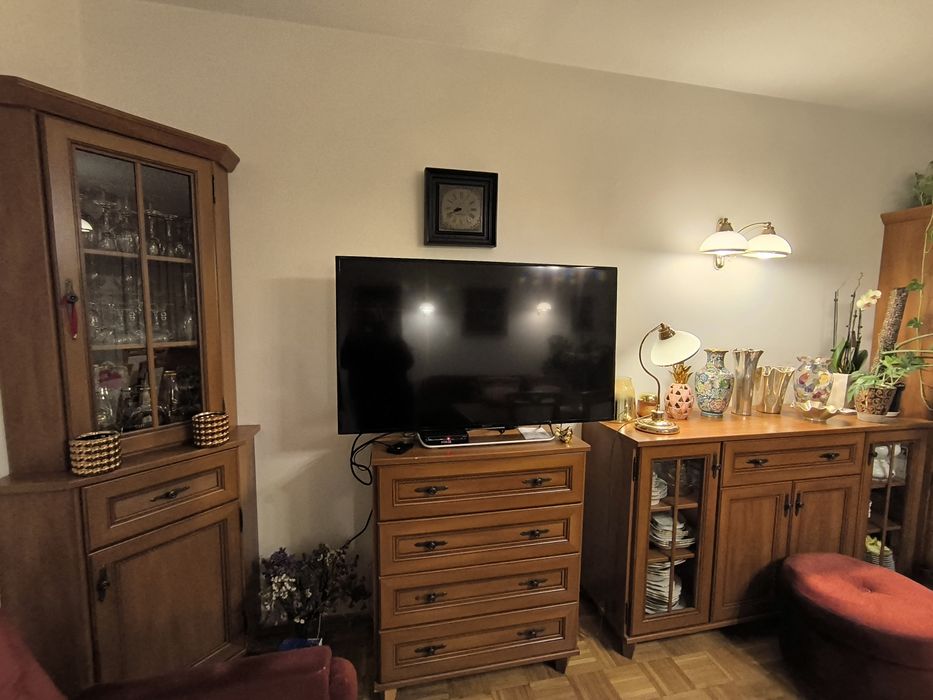 Elegancki komplet mebli do salonu – bordo, welur, stół, 8 krzeseł, komody i oświetlenie
