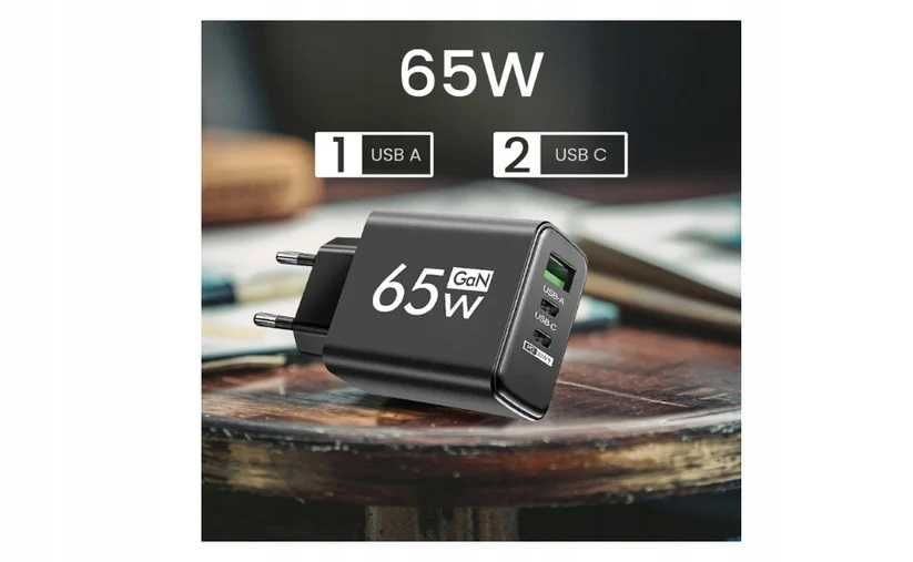 Kompaktowa Szybka Ładowarka GaN 65W USB-A/USB-C z Etui