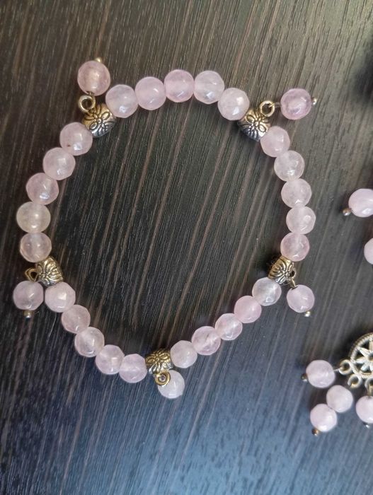 Срібний комплект рожевий кварц сережки підвіска браслет набір срібло