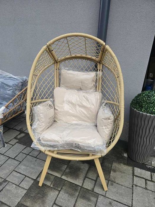 Fotel ogrodowe kokon boho techno rattan na balkon z poduszkami beżowy