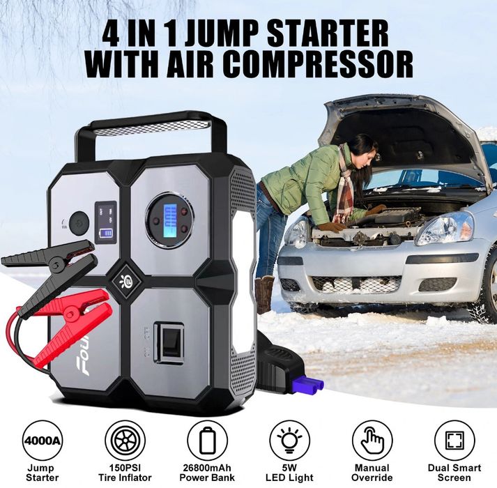 Booster Para carro 26800mAh 4000a 4 em 1 com Compressor de Ar sem Fios