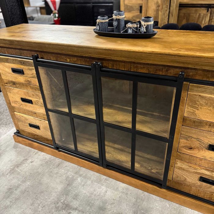 Duża masywna drewniana komoda z szyba/witryna mango 190cm ZAPRASZAM