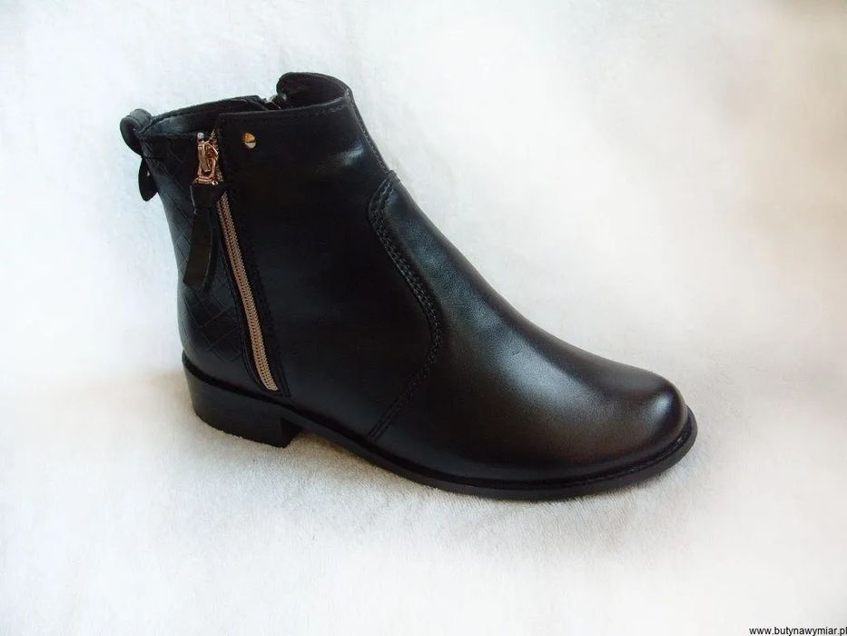 BnW Botki skórzane czarne na zamek płaski 3 cm