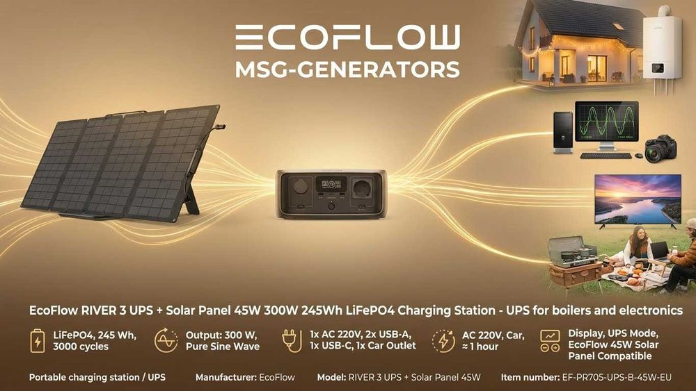 EcoFlow 300/600Вт, RIVER3 UPS 245Вт·ч с солнечной панелью, зарядка 1 ч