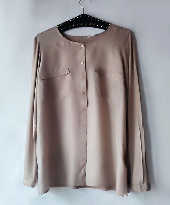 Piękna koszula bluzka top 100% jedwab szary beż oversize z L