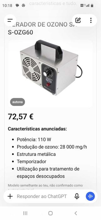Gerador Ozono 72€. Oportunidade
