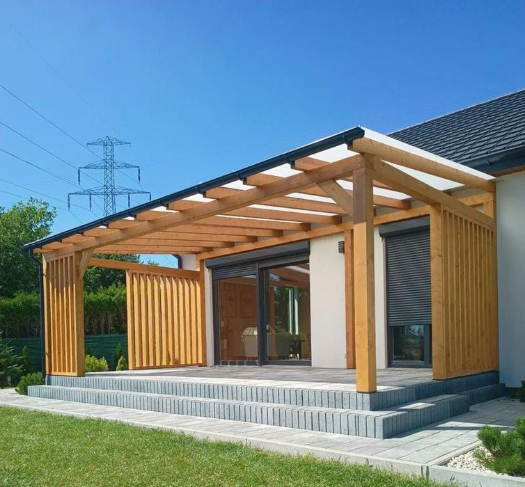 Zadaszenie tarasu z drewna • pergola • poliwęglan • blachodachówka