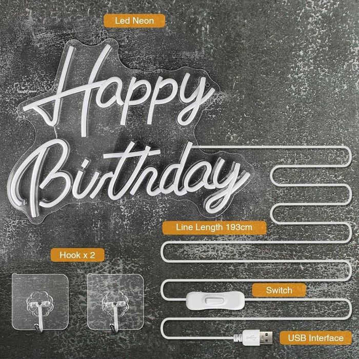 Sinal Luminoso Acrílico Néon LED para Aniversários - Happy Birthday