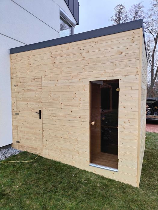 sauna sucha fińska | ogrodowa, z przedsionkiem, domkiem narzędziowym