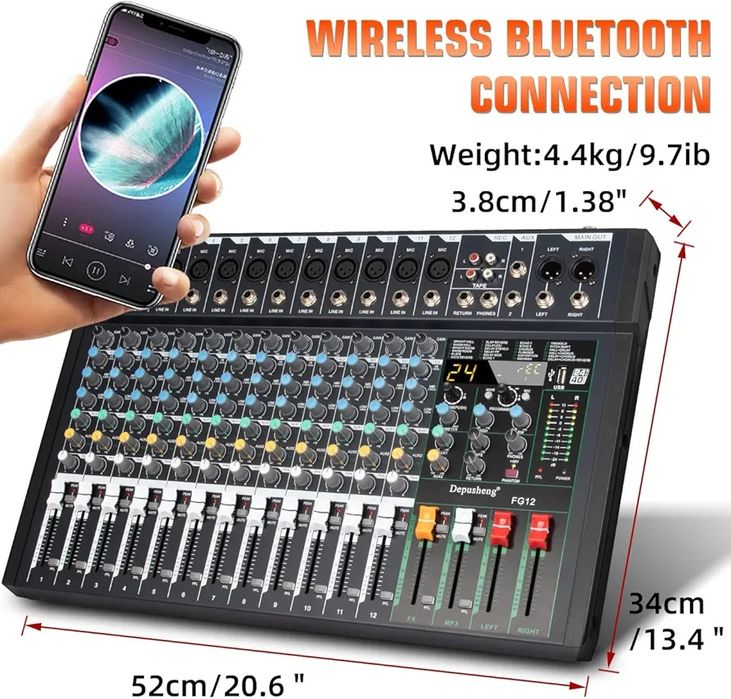 Mesa de Som Profissional FG12 - Mixer DJ 12 Canais com USB, Bluetooth