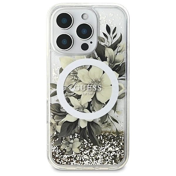 Etui Guess Liquid Glitter Flower MagSafe na iPhone 16 Pro - beżowe