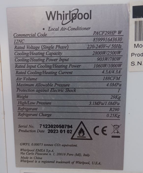 Ar condicionado portátil Whirlpool PACF29HPW de 9000 btus